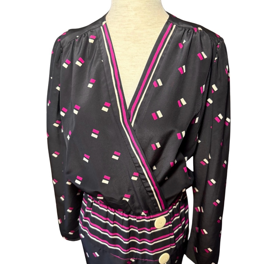 Vintage 80s Black and Pink Geometric MIDI Wrap Dress Size‎ 6